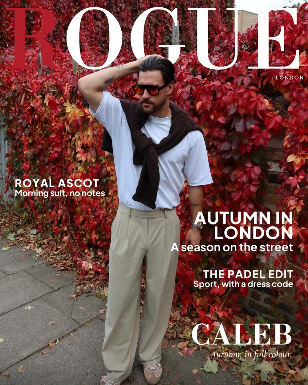 ROGUE cover — Caleb against red autumn ivy, London